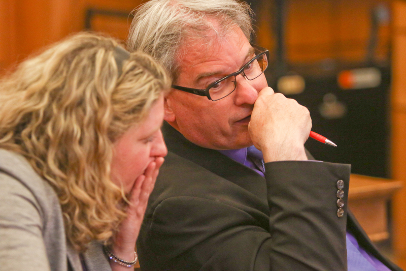  ROBERT K.YOSAY  | THE VINDICATOR..Atty Dan Kasaris talks the verdict over with his co counsel after the verdicts were read.. The jury in the Ralph Infante corruption trial have found the former Niles mayor guilty of 22 of the 32 charges he faced, including the most serious charge, engaging in a pattern of corrupt activity...Infante, 62, did not appear to show any reaction to the verdicts. Sentencing is set for 10 a.m. Friday.....-30-