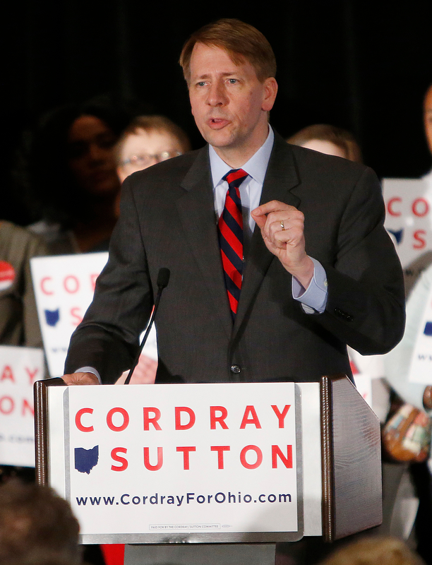 Democratic gubernatorial candidate Richard Cordray speaks to a crowd of supporters during an election night event, Tuesday, May 8, 2018, in Columbus, Ohio. Ohio's roller-coaster gubernatorial primary season was decided Tuesday as Republicans and Democrats voted for their nominees to replace term-limited Republican Gov. John Kasich. (AP Photo/Jay LaPrete)