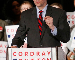 Democratic gubernatorial candidate Richard Cordray speaks to a crowd of supporters during an election night event, Tuesday, May 8, 2018, in Columbus, Ohio. Ohio's roller-coaster gubernatorial primary season was decided Tuesday as Republicans and Democrats voted for their nominees to replace term-limited Republican Gov. John Kasich. (AP Photo/Jay LaPrete)