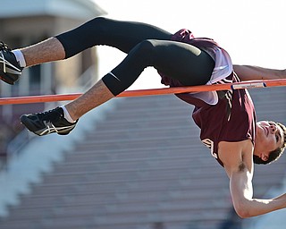 BOARDMAN, OHIO - MAY 8, 2018: Boardman's Ted Anzevino competes during the boys pole vault during the AAC Red Tier Track Championship at Boardman High School, Tuesday night. DAVID DERMER | THE VINDICATOR