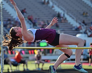 BOARDMAN, OHIO - MAY 8, 2018: Boardman's Kaylin Burkey clears the bar during the girls high jump during the AAC Red Tier Track Championship at Boardman High School, Tuesday night. DAVID DERMER | THE VINDICATOR