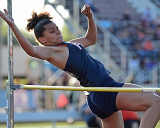 BOARDMAN, OHIO - MAY 8, 2018: Fitch's Shania Stiers-Royal clears the bar during the girls high jump during the AAC Red Tier Track Championship at Boardman High School, Tuesday night. DAVID DERMER | THE VINDICATOR