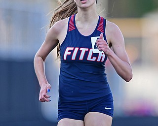 BOARDMAN, OHIO - MAY 8, 2018: Fitch's Lauren Dolak races to the finish line in the girls 800 meter run during the AAC Red Tier Track Championship at Boardman High School, Tuesday night. DAVID DERMER | THE VINDICATOR