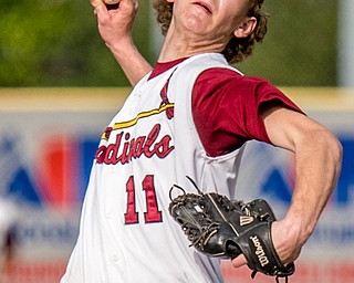 THE VINDICATOR | DIANNA OATRIDGEÊ Cardinal Mooney's Brandon Mikos fires a pitch during their 11-2 victory over Howland in Division II Sectional Final action at Cene Park on Wednesday.