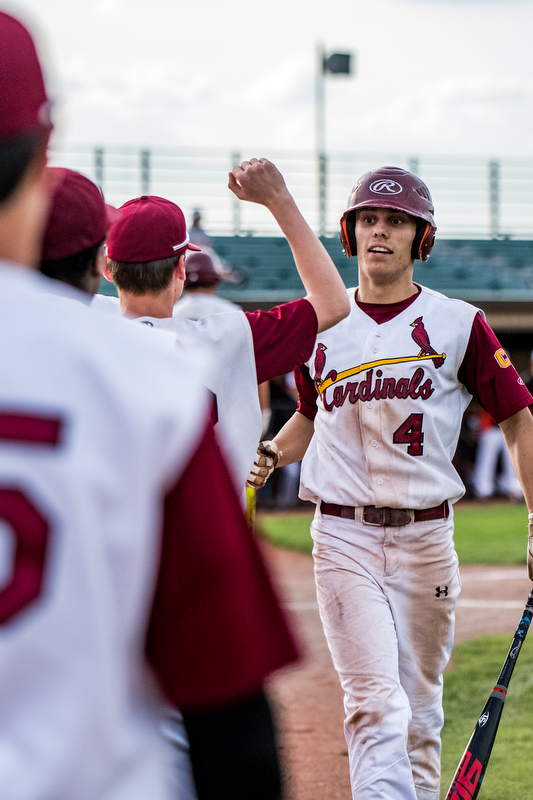 THE VINDICATOR |Ê DIANNA OATRIDGEÊ Cardinal Mooney's John Mikos is congratulated by his teammates after scoring a run during their 11-2 victory over Howland in the Division II Sectional Final at Cene Park on Wednesday.