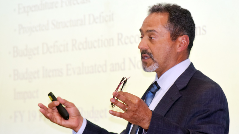 Michael Abouserhal, who was retained by the Jamael Tito Brown administration to provide an analysis of Youngstown’s current and projected financial condition, speaks during a Monday meeting at the Covelli Centre.