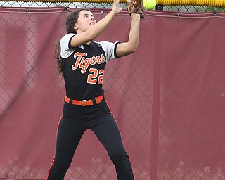 Kaelen Yemma attempts to track a fly ball from center field during Monday evenings semi-finals matchup against Girard at South Range High School.  Dustin Livesay  |  The Vindicator  5/14/18  South Range High School, Canfield.