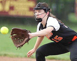 Abby Joseph catches a hit during Monday evenings semi-finals matchup against Girard at South Range High School.  Dustin Livesay  |  The Vindicator  5/14/18  South Range High School, Canfield.