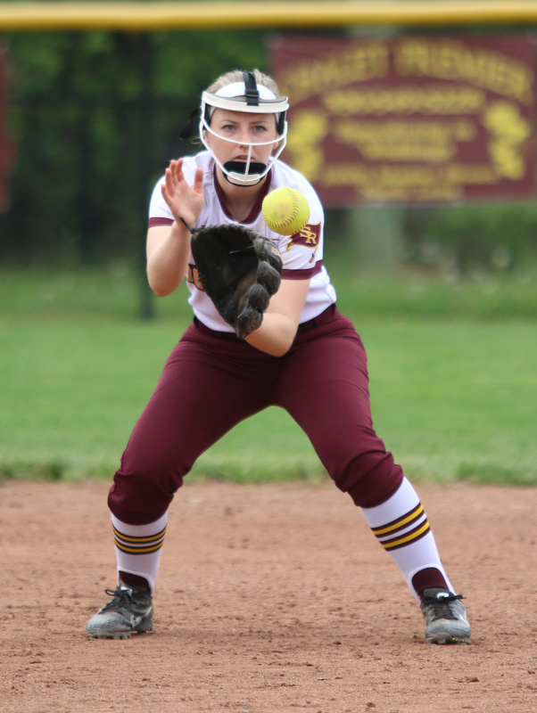 Abbey Bokros (4) of South Range tracks a ball into her glove during a matchup against Waterloo on Monday night. Dustin Livesay  |  The Vindicator  5/14/18  Canfield