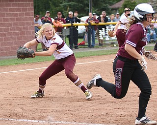 Madison Weaver (8) of South Range throws a ball to first base for the out of Waterloo's Brooke Twichell (8) during the top of the seventh inning on Monday night. Dustin Livesay  |  The Vindicator  5/14/18  Canfield