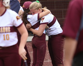 South Range first baseman Madison Weaver (8) is consoled by teammate Maddie Helon (2) after the final out of the 7th inning was called giving the Raiders a 4-3 loss against Waterloo on Monday night. Dustin Livesay  |  The Vindicator  5/14/18  Canfield