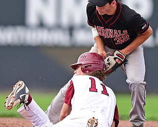 STRUTHERS, OHIO - MAY 15, 2018: Mooney's Brandon Mikos collies with Canfield's Jimmy Fitzgerald as he steals second base in the fifth inning of their OHSAA tournament game on Tuesday afternoon at Cene Park. Canfield won 4-3. DAVID DERMER | THE VINDICATOR