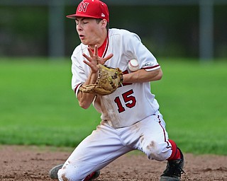 STRUTHERS, OHIO - MAY 15, 2018: Niles' Luke Swauger fields the ball before throwing it to first for the final out in the seventh inning to defeat Poland on Tuesday afternoon at Cene Park. Niles won 4-3. DAVID DERMER | THE VINDICATOR