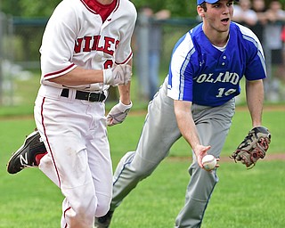 STRUTHERS, OHIO - MAY 15, 2018: Poland starting pitcher Matt Sperati, right, under hands the ball to first to get out Niles' Dylan Weida at first in the second inning of their OHSAA tournament game on Tuesday afternoon at Cene Park. Niles won 4-3. DAVID DERMER | THE VINDICATOR