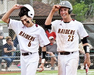 WilliamD. Lewis The Vindicator South Range's Kris Scandy(6) and Jaxon Anderson(23) react after scoring during 5-16 win over Crewstview.