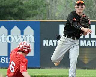 William D. Lewis The Vindincator Canfield's Spencer Wooley(7) throws to first for a double play during 4th inning in a win over Niles 5-17-18. Out at 2nd is Niles'Marco Defalco(6)