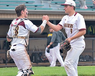 William D. Lewis The Vindicator  S. Ranges Jarred Bajerski(18) and pitcher Jake Gehring(9) celebrate win over Crestview 5-16-18.