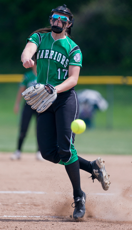 ALLIANCE, OHIO - MAY 17, 2018, Softball Poland Bulldogs vs West Branch Warriors: West Branch's Kylie Coffett (17) fires a pitch during the 1st inning at Alliance High School.  MICHAEL G. TAYLOR | THE VINDICATOR