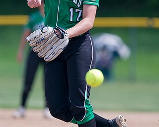 ALLIANCE, OHIO - MAY 17, 2018, Softball Poland Bulldogs vs West Branch Warriors: West Branch's Kylie Coffett (17) fires a pitch during the 1st inning at Alliance High School.  MICHAEL G. TAYLOR | THE VINDICATOR