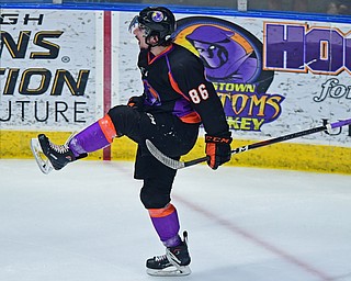 YOUNGSTOWN, OHIO - MAY18, 2018: Phantoms' Nicholas Cardelli celebrates after scoring a goal during Friday nights Clark Club Final game at the Covelli Centre. DAVID DERMER | THE VINDICATOR