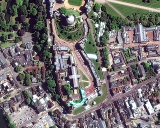 This Saturday, May 19, 2018 satellite image provided by DigitalGlobe shows the royal wedding route close to Windsor Castle in Windsor, near London, England, during the royal wedding of Prince Harry and Meghan Markle. The son of British royalty and the daughter of middle-class Americans wed Saturday in a service that reflected Prince Harry's royal heritage, Meghan Markle's biracial roots and the pair's shared commitment to putting a more diverse, modern face on the monarchy.  (Satellite Image Â©2018 DigitalGlobe, a Maxar company via AP)