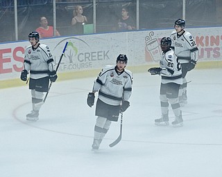 YOUNGSTOWN, OHIO - MAY 19, 2018: Fargo's Spencer Meier, Ross Mitton, Bartek Bison and William Fallstrom skate on the ice during a delay in the game due to fog that built up on the ice during the first period of game 4 of the Clark Cup Final, Saturday night at Covelli Centre. DAVID DERMER | THE VINDICATOR