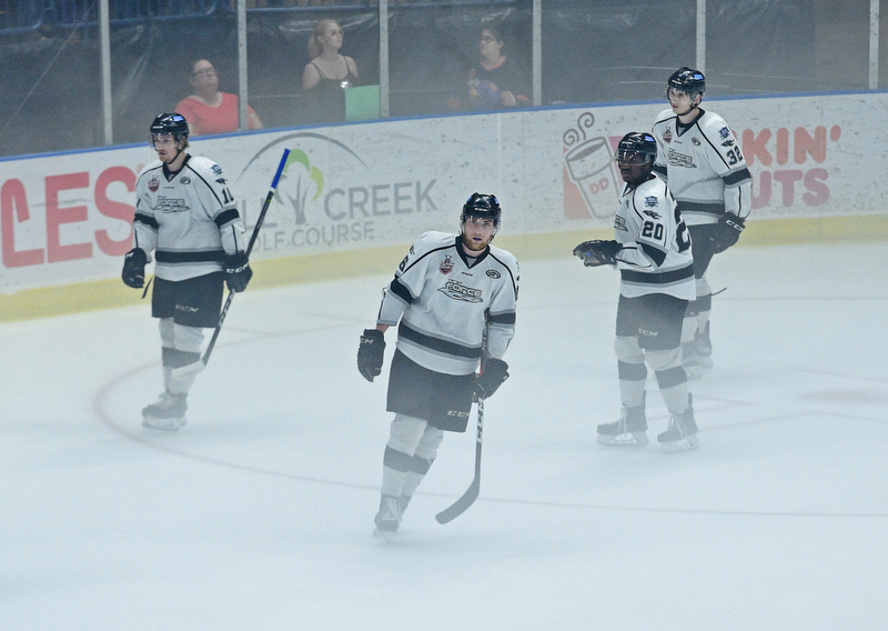 YOUNGSTOWN, OHIO - MAY 19, 2018: Fargo's Spencer Meier, Ross Mitton, Bartek Bison and William Fallstrom skate on the ice during a delay in the game due to fog that built up on the ice during the first period of game 4 of the Clark Cup Final, Saturday night at Covelli Centre. DAVID DERMER | THE VINDICATOR
