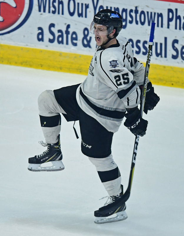 YOUNGSTOWN, OHIO - MAY 19, 2018: Fargo's Evan Bell celebrates after scoring a goal during the second period of game 4 of the Clark Cup Final, Saturday night at Covelli Centre. DAVID DERMER | THE VINDICATOR