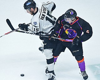 YOUNGSTOWN, OHIO - MAY 19, 2018: Fargo's Garrett Van Wyhe and Youngstown's Max Ellis battle for the loose puck near center ice during the second period of game 4 of the Clark Cup Final, Saturday night at Covelli Centre. DAVID DERMER | THE VINDICATOR