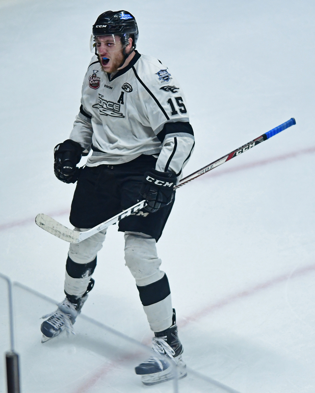 YOUNGSTOWN, OHIO - MAY 19, 2018: Fargo's Garrett Van Wyhe celebrates after scoring a goal during the second period of game 4 of the Clark Cup Final, Saturday night at Covelli Centre. DAVID DERMER | THE VINDICATOR
