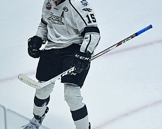 YOUNGSTOWN, OHIO - MAY 19, 2018: Fargo's Garrett Van Wyhe celebrates after scoring a goal during the second period of game 4 of the Clark Cup Final, Saturday night at Covelli Centre. DAVID DERMER | THE VINDICATOR