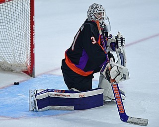 YOUNGSTOWN, OHIO - MAY 19, 2018: Youngstown goalie Ivan Prosvetov reacts after allowing the eventual game winning goal during the third period of game 4 of the Clark Cup Final, Saturday night at Covelli Centre. DAVID DERMER | THE VINDICATOR