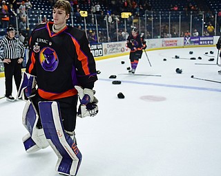 YOUNGSTOWN, OHIO - MAY 19, 2018: Youngstown goalie Ivan Prosvetov skates to the locker room after Youngstown was defeated by Fargo 4-2, Saturday night at the Covelli Centre. DAVID DERMER | THE VINDICATOR