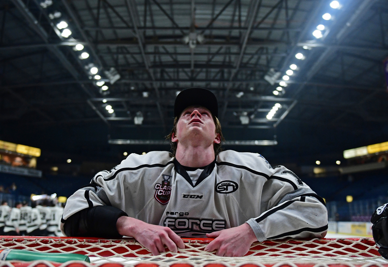 YOUNGSTOWN, OHIO - MAY 19, 2018: Fargo's Jordan Seyfert reflects while leaning on the net after Fargo defeated Youngstown 4-2 to fin the USHL championship, Saturday night in Youngstown. DAVID DERMER | THE VINDICATOR