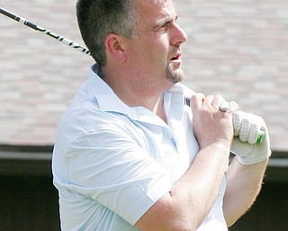 The Vindicator William D. Lewis   GGOV Scramble participant Bob Kelly of East Liverpool watches his T shot on #10 at Tippecanoe 5-21-18.