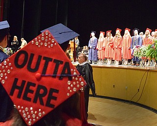 William D Lewis The Vindicator   Niles grad Allie Baryak sends a message on her mortar board during 5-23-18 commencement at Packard Music Hall in Warren.