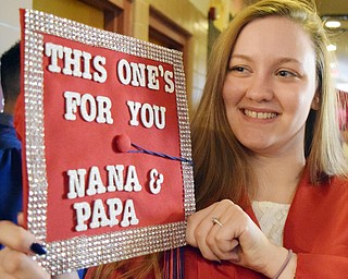 William D. Lewis The Vindicator Niles grad Alissa Groover shows her mortar board dedicatated to her grandparents during 5-23-18 commencement at Packard Music Hall in Warren.