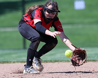 AKRON, OHIO- 05-23-18 SOFTBALL D1 Regional Semi- Canfield Cardinals vs Willoughby South Rebels: Canfield's Brooke Crissman (3) goes after the grounder during the 7th inning at University of Akron, Lee Jackson Softball Field.  MICHAEL G. TAYLOR | THE VINDICATOR