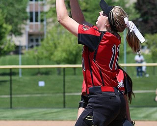 AKRON, OHIO- 05-23-18 SOFTBALL D1 Regional Semi- Canfield Cardinals vs Willoughby South Rebels: Canfield's Jill Baker (11) catches a popup during the1st inning at University of Akron, Lee Jackson Softball Field.  MICHAEL G. TAYLOR | THE VINDICATOR
