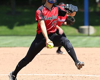 AKRON, OHIO- 05-23-18 SOFTBALL D1 Regional Semi- Canfield Cardinals vs Willoughby South Rebels: Canfield's KaiLi Gross (17) fires a pitch homeward during the 3rd inning at University of Akron, Lee Jackson Softball Field.  MICHAEL G. TAYLOR | THE VINDICATOR