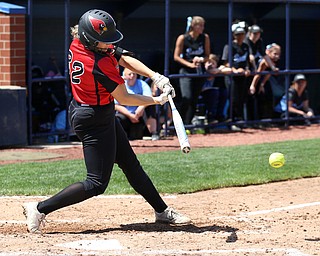 AKRON, OHIO- 05-23-18 SOFTBALL D1 Regional Semi- Canfield Cardinals vs Willoughby South Rebels: Canfield's Chloe Cruz (32) doubles during the 6th inning at University of Akron, Lee Jackson Softball Field.  MICHAEL G. TAYLOR | THE VINDICATOR