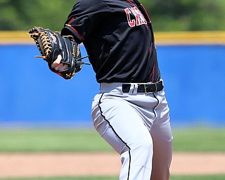 HUDSON, OHIO- 05-24-18 BASEBALL D2 Regional Semi- Chardon Hilltoppers vs Canfield Cardinals: Canfield's Ian McGraw (22) fires a pitch homeward during the 1st inning at The Ball Park at Hudson, Hudson High School.  MICHAEL G. TAYLOR | THE VINDICATOR