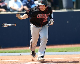 HUDSON, OHIO- 05-24-18 BASEBALL D2 Regional Semi- Chardon Hilltoppers vs Canfield Cardinals: Canfield's Angelo Petracci (25) heads to 1st base during the 3rd inning at The Ball Park at Hudson, Hudson High School.  MICHAEL G. TAYLOR | THE VINDICATOR