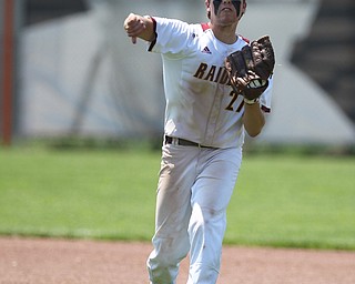 Brandon Youngs (27) of South Range throws to first base for a force out during Thursday afternoons matchup against Waynedale at Massilon High School. Dustin Livesay  |  The Vindicator  5/24/18  Massilon