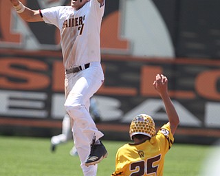 Nolan Shannon (7) of South Range leaps to save a ball from going to the outfield as Waynedale's Ryan Weaver (25) slides safely into second base during Thursday afternoons matchup at Massilon High School. Dustin Livesay  |  The Vindicator  5/24/18  Massilon