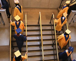 ROBERT K YOSAY  | THE VINDICATOR..Golden Bears climb the steps to graduation ..East High School Graduation - class of 2018.. held at Stambaugh Auditorium.....-30-