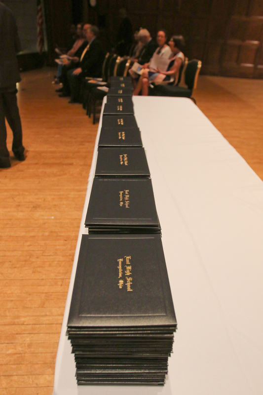 ROBERT K YOSAY  | THE VINDICATOR..Diplomas.... line the table..East High School Graduation - class of 2018.. held at Stambaugh Auditorium.....-30-