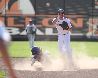 Brandon Youngs (27) of South Range throws to first base for a force out to record a double play during Friday afternoons matchup against Grand Valley at Massilon High School. Dustin Livesay  |  The Vindicator  5/25/18  Massilon