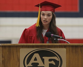             ROBERT  K. YOSAY | THE VINDICATOR..Class President  EvaEnid (ok) Rivera.... gives her address..Austintown Fitch 2018  Sunday afternoon at the Gymnasium