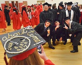 William D. Lewis The Vindicator  Girard grads from left Dustin Allen Nate Markulin, Shawn Leasure Carmen Parillo and Tyler O'Dell pose for a photo take by fellow grad Morgan Gristbefore 5-27-18 commence at GHS.